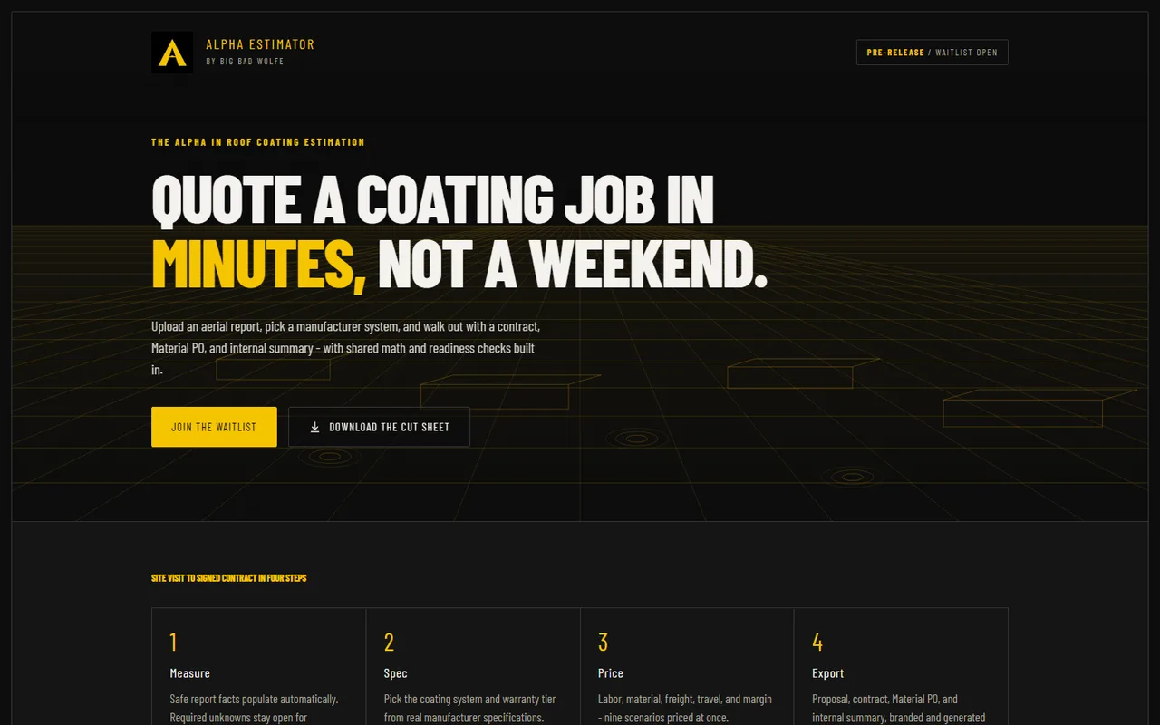 Alpha Estimator live product homepage
