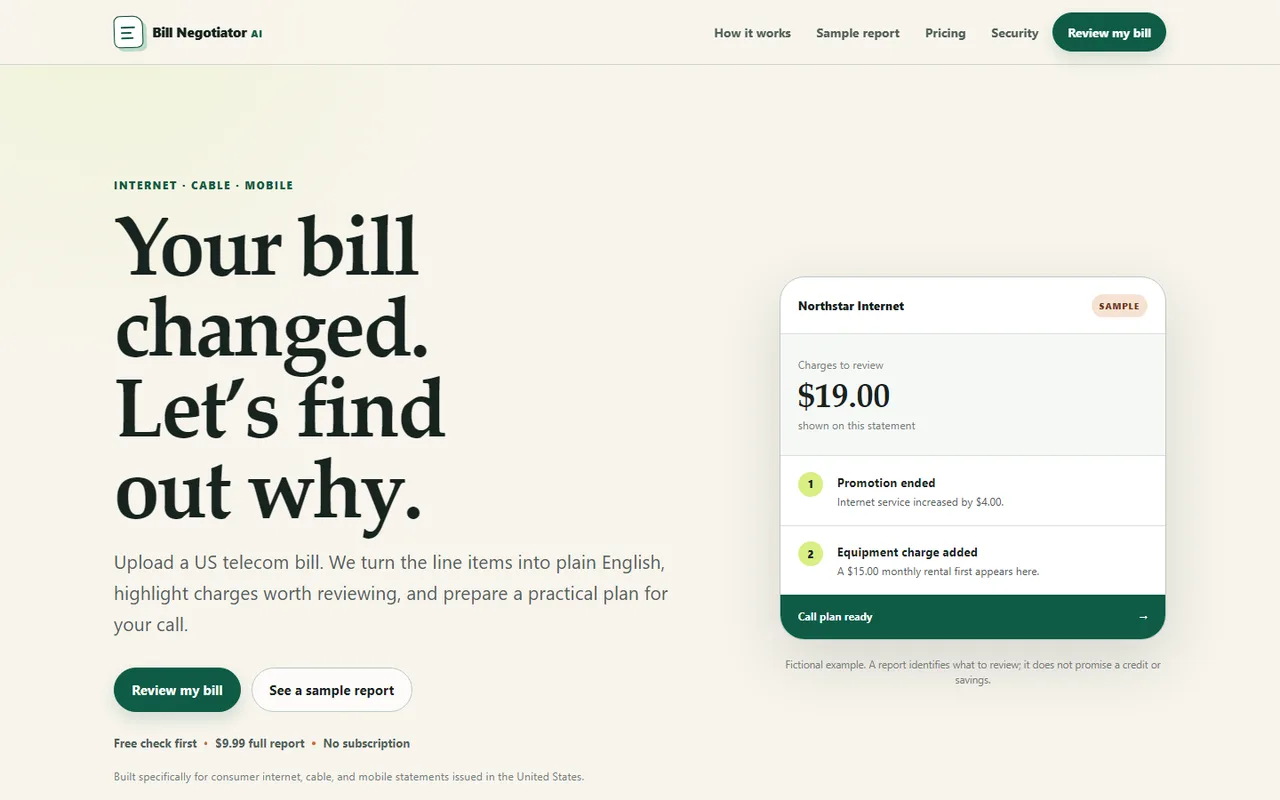 Bill Negotiator AI homepage with a sample bill review