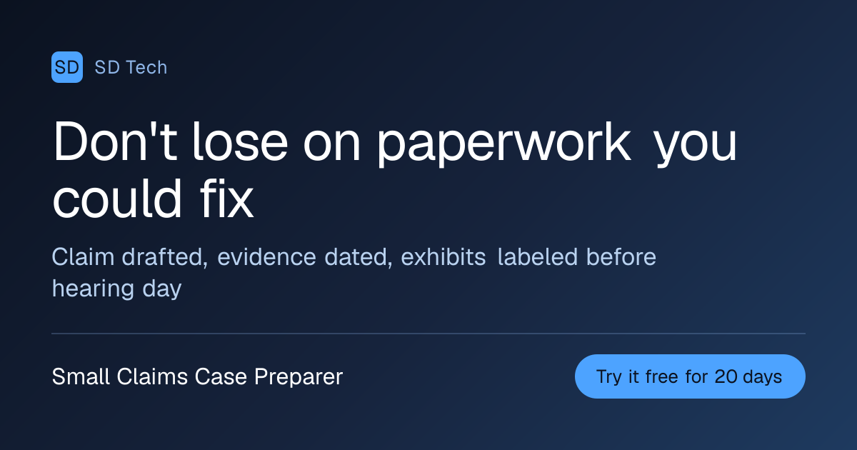 Small Claims Case Preparer — Walk into your hearing with every exhibit labeled and your claim in order.